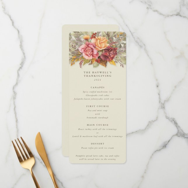 Fall Florals Erntedank Flat 4 Course Menükarte (Vorderseite/Rückseite Beispiel)