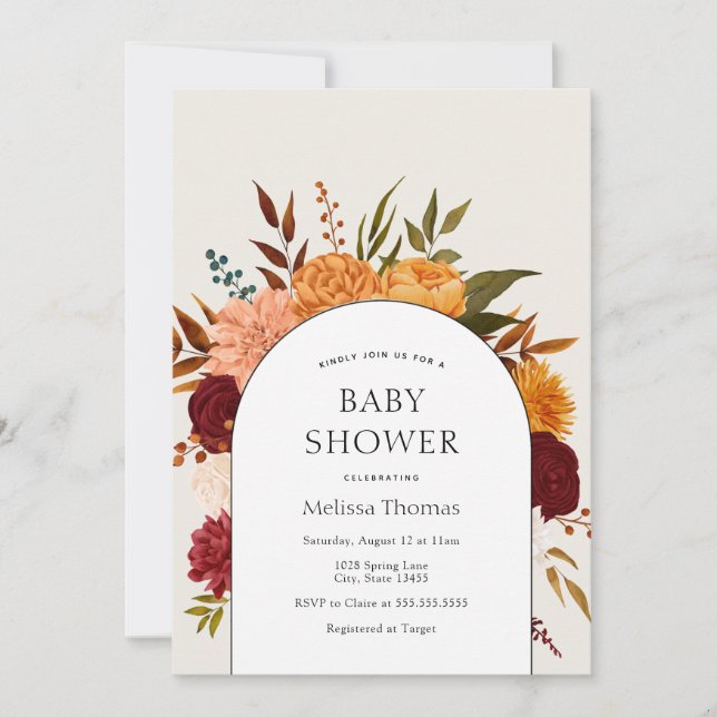 Fall Florals Mums und Marigold Arch Baby Dusche Einladung (Vorderseite)