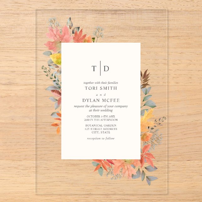 Fall-Foliage-Blätter fallen Monogramm-Hochzeit Acryleinladungen (Vorderseite)