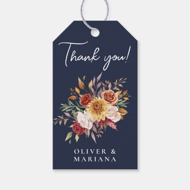 Fall Foliage Bloral Navy Blue Gastgeschenk Hochzei Geschenkanhänger (Vorderseite)