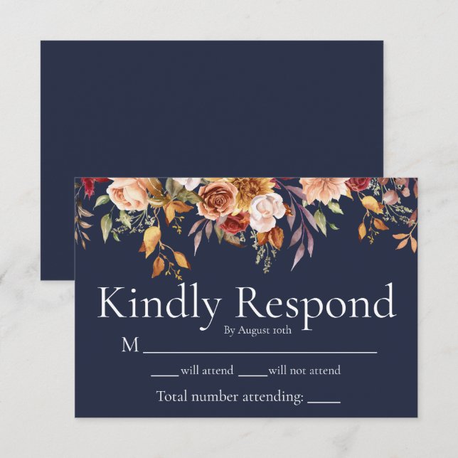 Fall Foliage Bloral Navy Blue Wedding RSVP Card Dankeskarte (Vorne/Hinten)