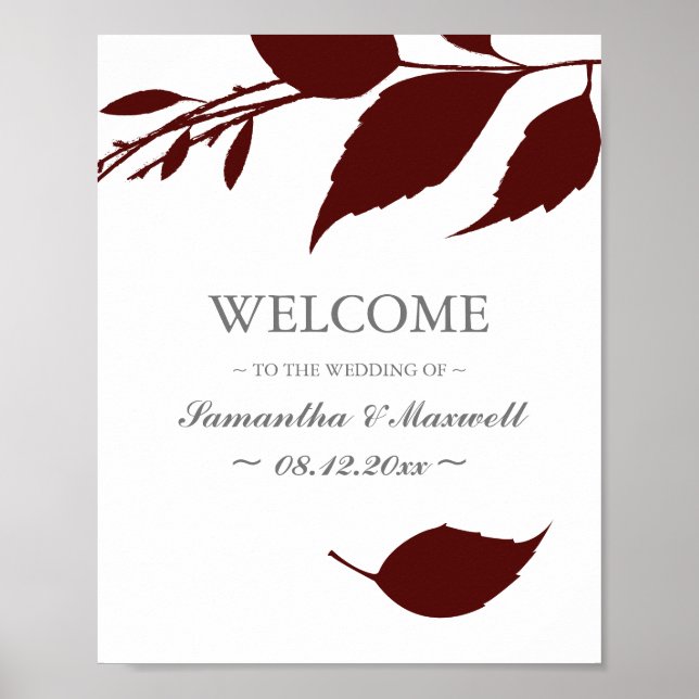 Fall Foliage Burgundy Blätter Hochzeit Willkommen Poster (Vorne)