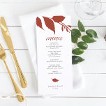 Fall Foliage Orange Menu Card Menükarte<br><div class="desc">Dieses Hochzeitsmenü ist Teil der Herbst-Luxus-Einladungs-Kollektion von Do Tell A Belle. Das Design zeigt botanische Herbstblätter in verbrannter Orange. Passen Sie diese mit Menüelementen, Namen und Ereignisdatum an. Ideal für Hochzeiten, Brautparty im Herbst, Proben oder was auch immer Sie wollen. Eine boho aber botanische Wahl für rustikale Feiern im September,...</div>