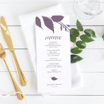 Fall Foliage Plum Lila Menükarte<br><div class="desc">Dieses moderne Hochzeitsmenü ist Teil der Herbst-Einladungs-Kollektion von Do Tell A Belle. Das Design zeigt botanische Herbstblätter in Pflaume lila. Passen Sie diese mit Menüelementen, Namen und Ereignisdatum an. Ideal für Hochzeiten, Brautparty im Herbst, Proben oder was auch immer Sie wollen. Eine boho aber botanische Wahl für rustikale Feiern im...</div>