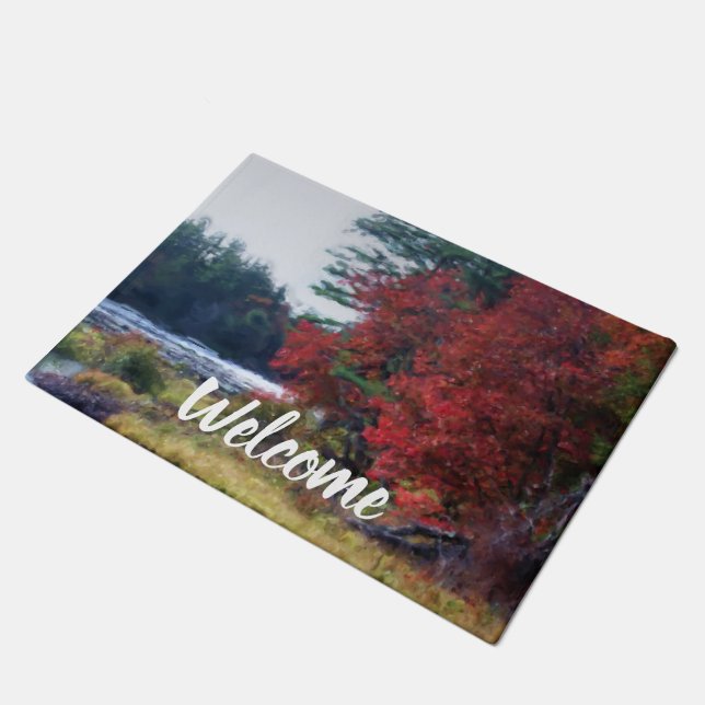 Fall Foliage Teich Malerei Natur Willkommen Fußmatte (Schrägansicht)
