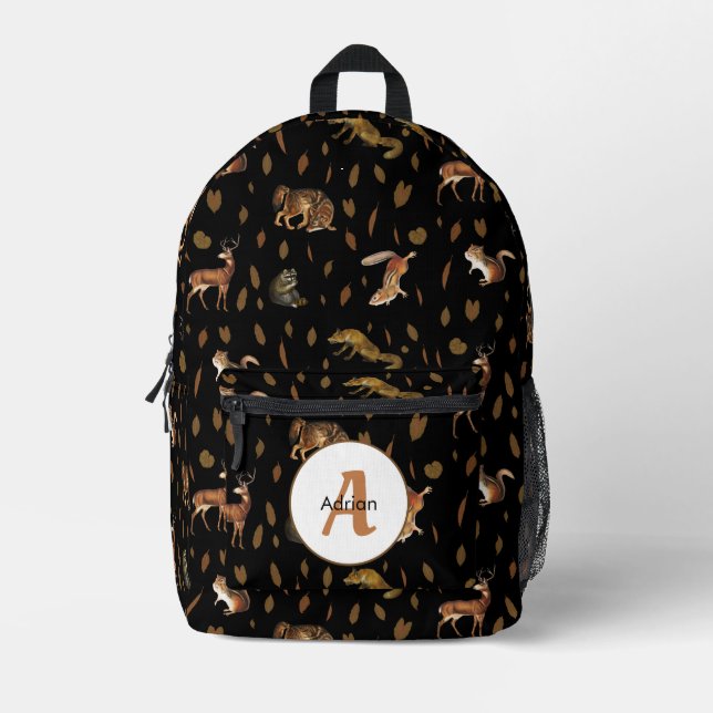 Fall Forest Animals Autumn Leaves Monogram Bedruckter Rucksack (Vorderseite)