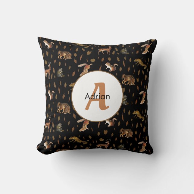 Fall Forest Animals Autumn Leaves Monogram Kissen (Vorderseite)