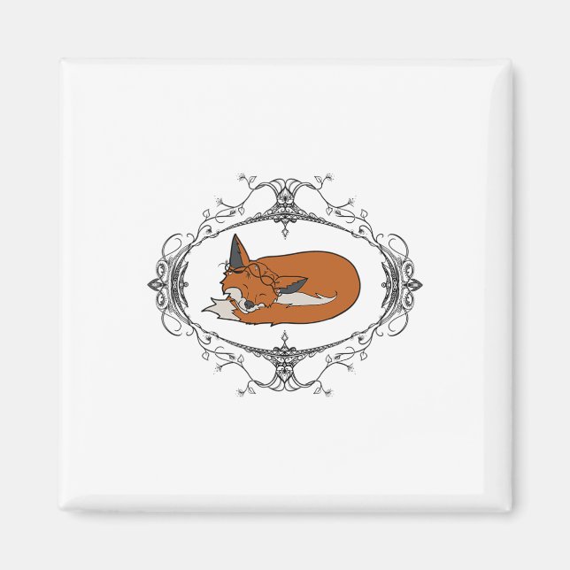 Fall Fox Schlafen mit Blätter und Blume Magnet (Vorne)