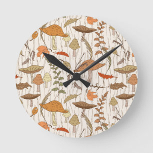 Fall Fungi und Blätter - nahtloses Muster. Runde Wanduhr