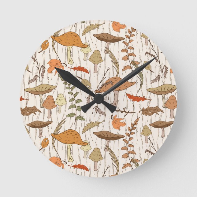 Fall Fungi und Blätter - nahtloses Muster. Runde Wanduhr (Vorderseite)