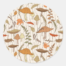 Fall Fungi und Blätter - nahtloses Muster. Runder Aufkleber