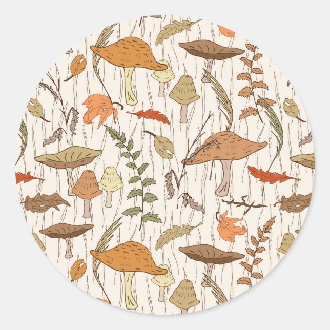 Fall Fungi und Blätter - nahtloses Muster. Runder Aufkleber (Vorderseite)
