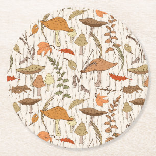 Fall Fungi und Blätter - nahtloses Muster. Runder Pappuntersetzer