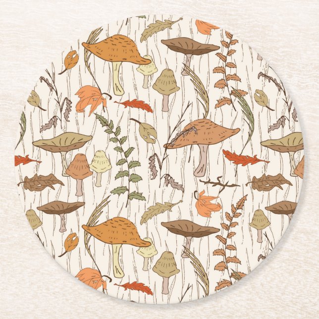 Fall Fungi und Blätter - nahtloses Muster. Runder Pappuntersetzer (Vorderseite)