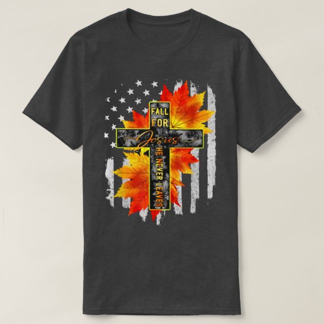 Fall für Jesus, Verlasse er nie Jesus Herbst Erde T-Shirt (Design vorne)