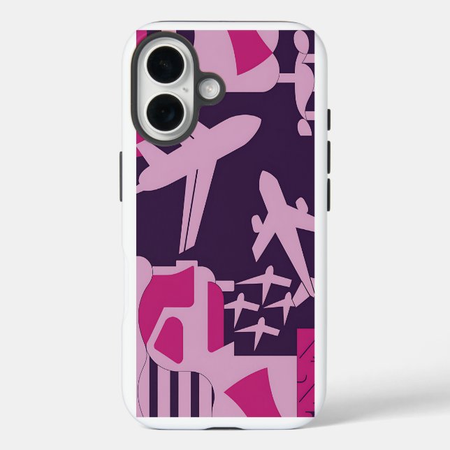 Fall für Reisende mit rosa geometrischem Flugzeug iPhone 16 Hülle (Rückseite)