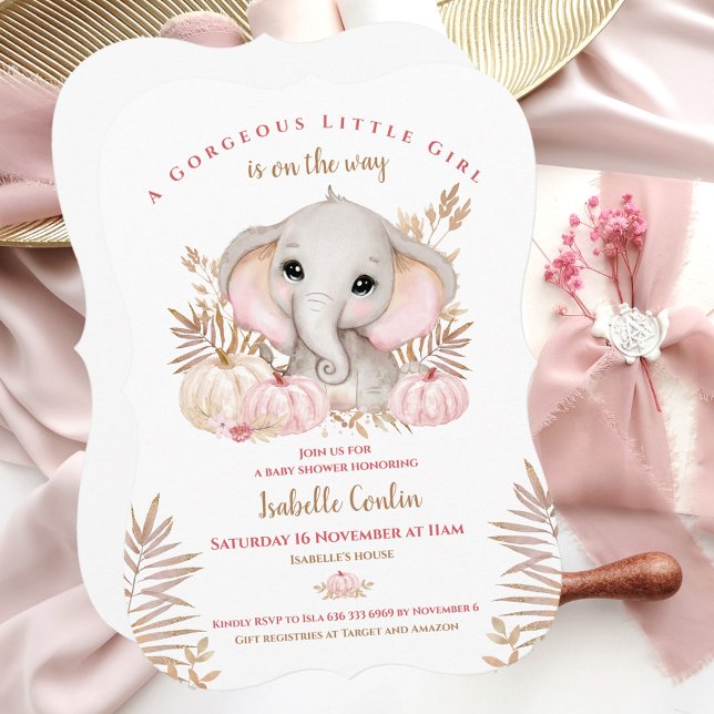Fall Girl Elephant Babydusche Einladung (Pink & Rose gold Fall Baby Shower Invitation With The Cutest Elephant And Pumpkins)