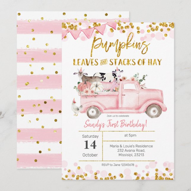 Fall Girl Farm Pink Pumpkin Truck Geburtstag Einladung (Vorne/Hinten)