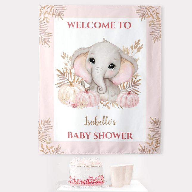Fall Girl Pink Babydusche Begrüßungsband Wandteppich (Fall Baby Shower Welcome Sign With Cute Elephant And Pumpkins In Pink)