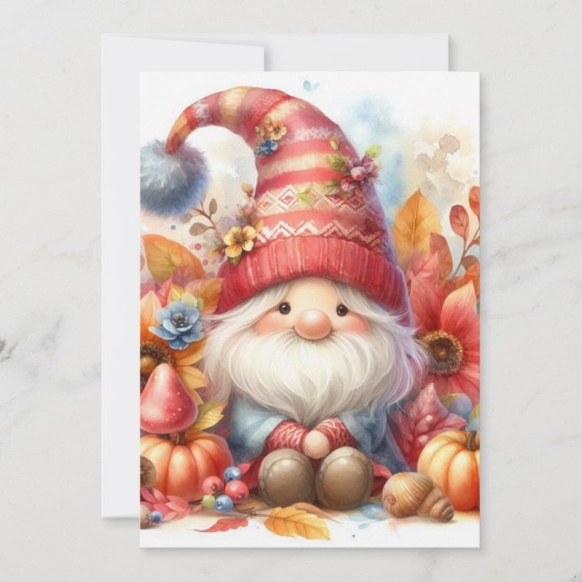 Fall Gnome und Blätter Aquarellkalligrafie Einladung (Vorderseite)