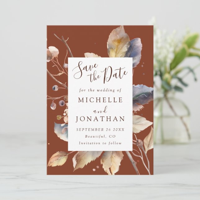 Fall Gold Blätter auf Terracotta Christlich Weddin Save The Date (Stehend Vorderseite)