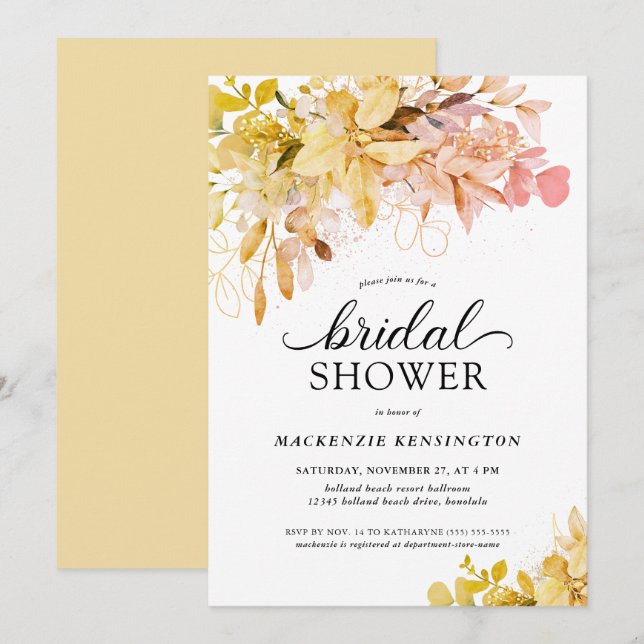 Fall Gold Blush Bloral Eukalyptus Brautparty Einladung (Vorne/Hinten)