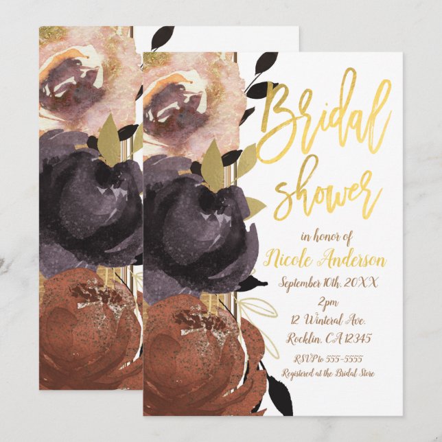 Fall Gold Brautparty Fett Blume Modernes Floral Einladung (Vorne/Hinten)