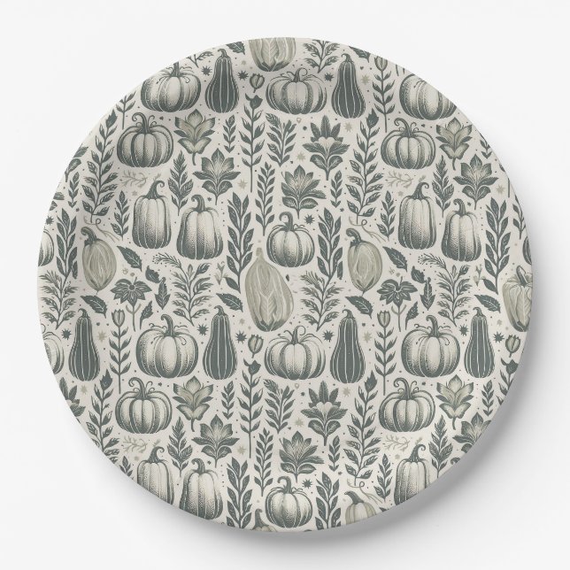 Fall Gourds Blockdruck in Grün Pappteller (Vorderseite)