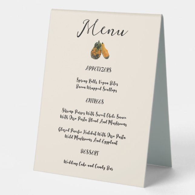 Fall Gourds Wedding Menu Table Zelt Sign Tischaufsteller (Vorderseite)