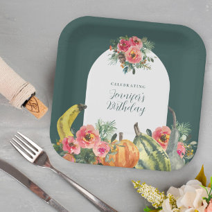 Fall Green Pumpkins Pink Floral Geburtstagsparty Pappteller