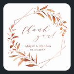 Fall Greenery Geometric Danke Rustic Wedding Quadratischer Aufkleber<br><div class="desc">Rustikale Aquarellfarben Fall botanische Blattgrün-Design mit Imitaten Kupferfolie Blätter und geometrischen Rahmen,  und trendy Dankeschön Drehbuch,  einfach und elegant,  ideal für Herbst rustikale Hochzeit,  Winter botanischen Garten Hochzeit. Alle passenden Teile in der Sammlung anzeigen</div>