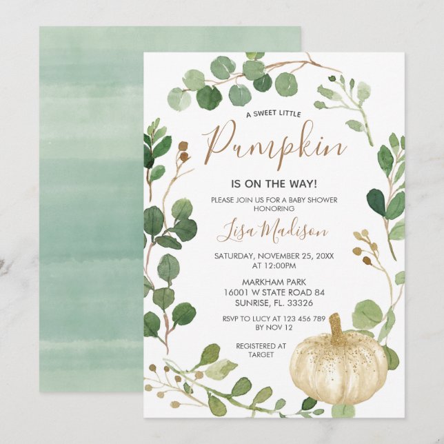 Fall Greenery Pumpkin ist auf dem Weg Baby Dusche  Einladung (Vorne/Hinten)