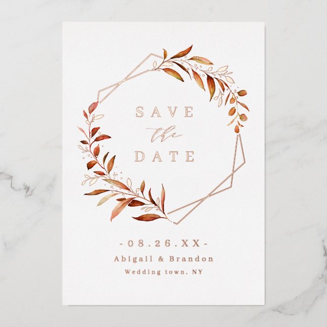 Fall Greenery Rose Gold Geometric Save the Date Folieneinladung (Vorderseite)