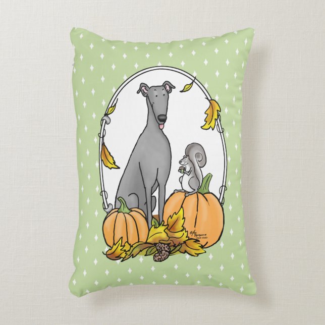 Fall Greyhound (grau) Dog Pumpkins Blätter Funny Dekokissen (Vorderseite(Vertikal))