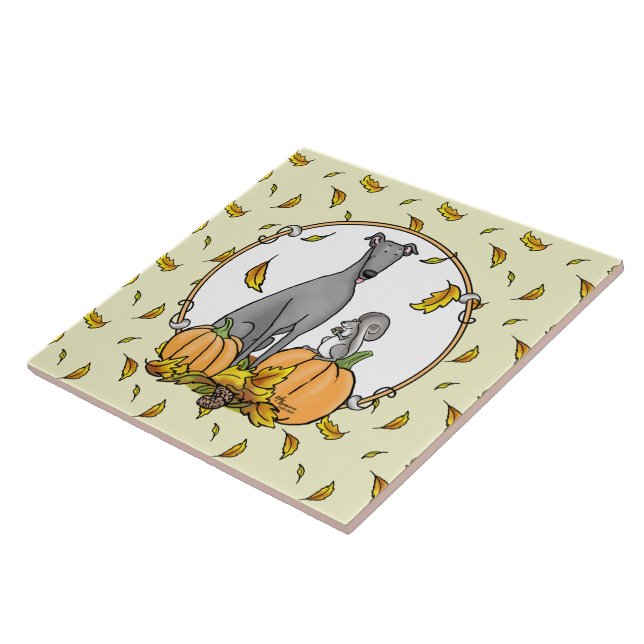 Fall Greyhound (grau) Dog Pumpkins Blätter Funny Fliese (Seite)