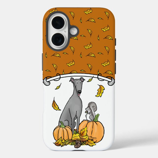 Fall Greyhound (grau) Dog Pumpkins Blätter Funny iPhone 16 Hülle (Rückseite)