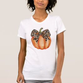 Fall Halloween Pumpkin Leopard Pattern Bow T-Shirt