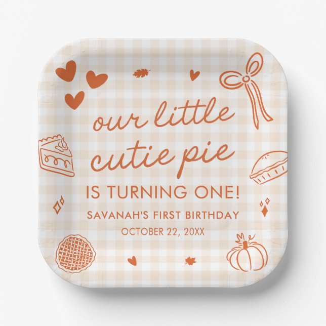 Fall Hand Drawn A Little Cutie Pie 1st Birthday Pappteller (Vorderseite)