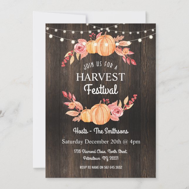 Fall Harvest Festival Pumpkin Wood Floral Einladun Einladung (Vorderseite)
