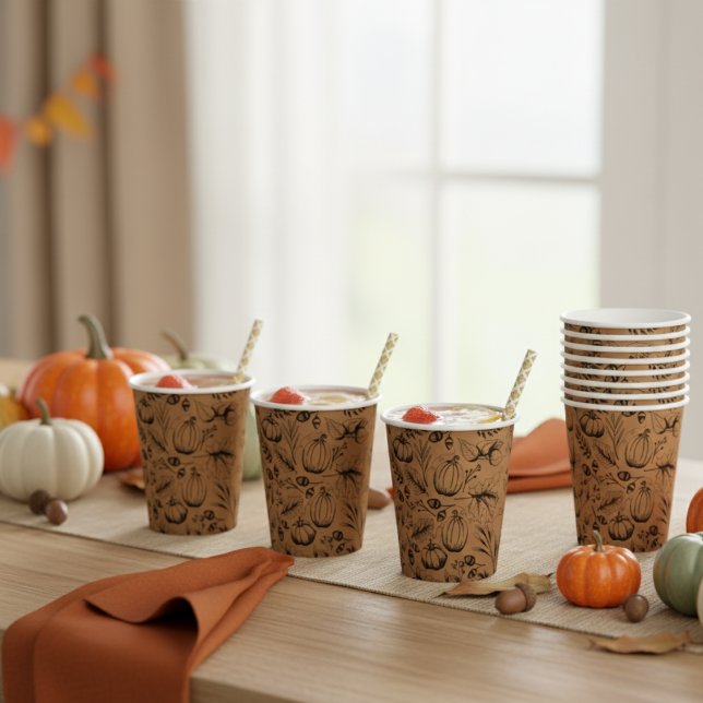 Fall Harvest Pumpkin Pappbecher (Thanksgiving Paper Cups. Burnt Orange Fall Harvest Pattern-Pumpkins, Autumn Leaves, Acorns, Berries)