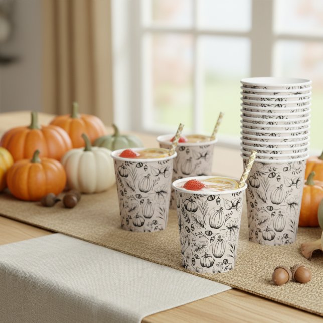 Fall Harvest Pumpkin Pappbecher (Thanksgiving Paper Cups. Black & Ivory Fall Harvest Pattern-Pumpkins, Autumn Leaves, Acorns, Berries)