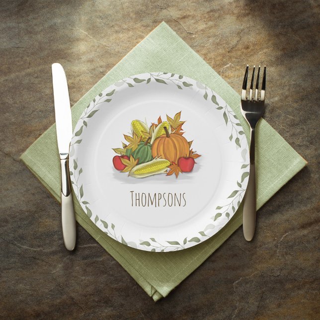 Fall Harvest Watercolor Elegant Personalized  Pappteller (Fall Harvest Personalized Paper Plate.)
