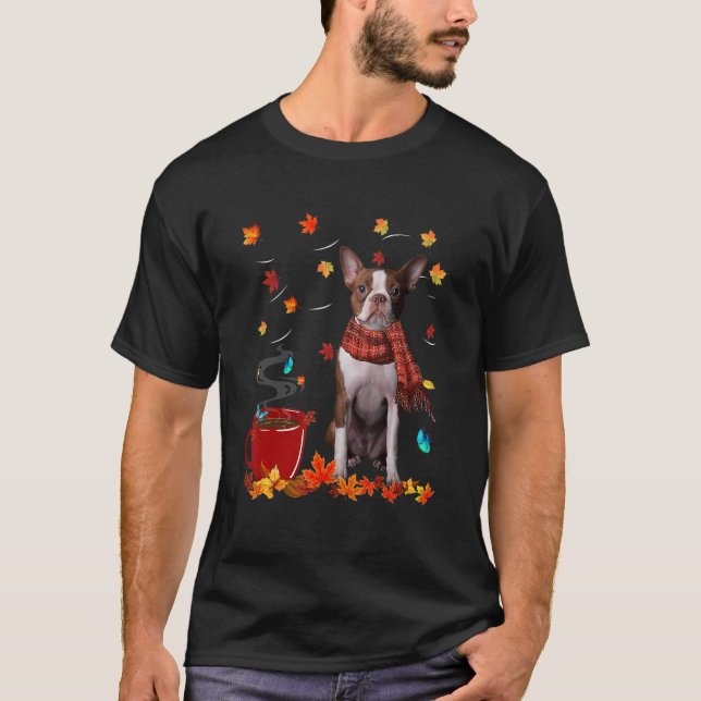 Fall Hot Chocolate Red Boston Terrier T-Shirt (Vorderseite)