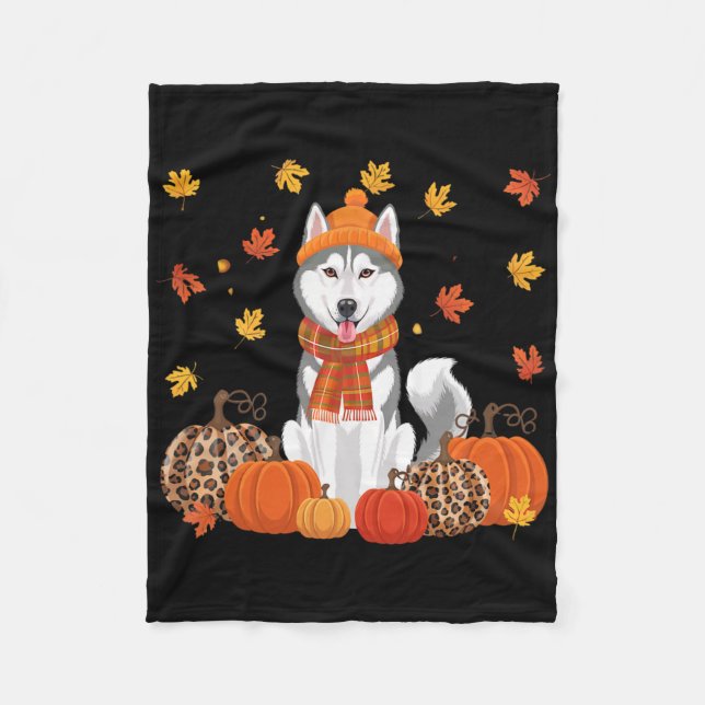 Fall Husky Pumpkins Blätter Herbst Halloween Dank Fleecedecke (Vorderseite)