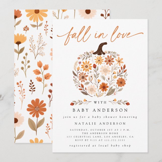 Fall in der Liebe Floral Pumpkin Baby Dusche Einladung (Vorne/Hinten)