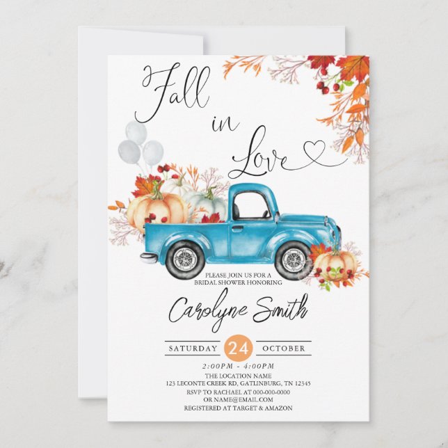 Fall in Liebe Blue Truck Pumpkin Brautparty Einladung (Vorderseite)