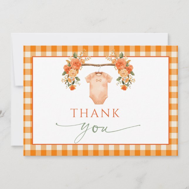 Fall in Liebe Floral Orange Gingham Baby Vielen Da Dankeskarte (Vorderseite)