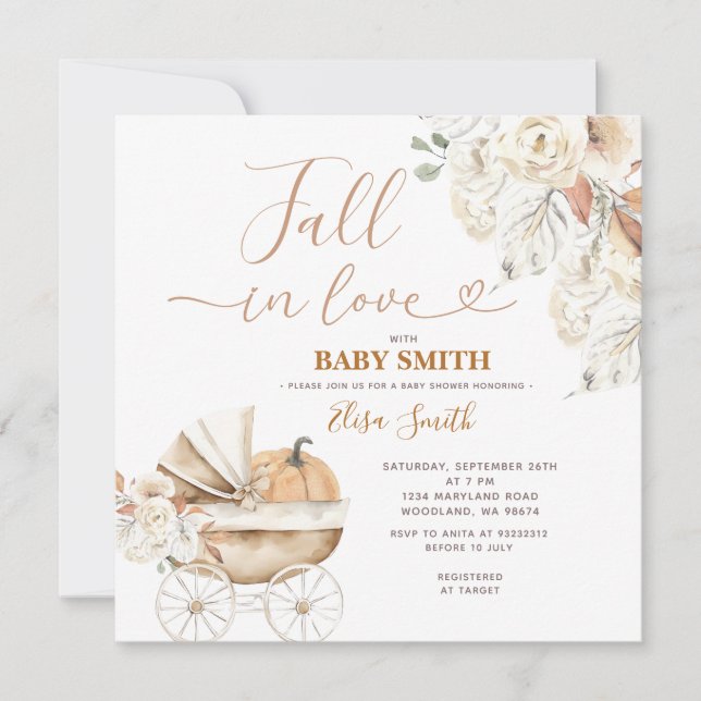 Fall in Liebe Pumpkin Carriage Floral Baby Dusche Einladung (Vorderseite)