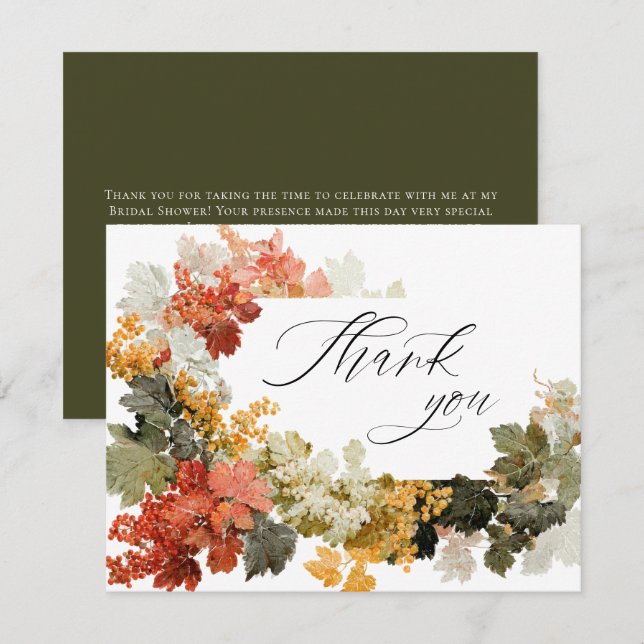 Fall in Love Autumn Calligraphy Bridal Shower Dankeskarte (Vorne/Hinten)