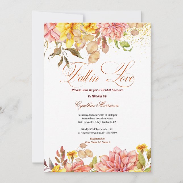 Fall in Love Autumn Floral Romance Bridal Shower Einladung (Vorderseite)
